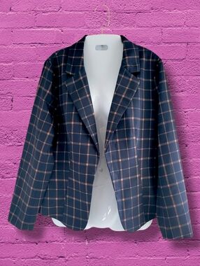Allegra K | NWOT Navy/Tan Plaid Open Front Long Sleeve Blazer (SIZE L)